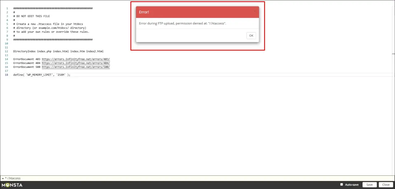Erreur lors du chargement d'un fichier WordPress : permission refusée pour /.htaccess. Le fichier contient des directives pour les erreurs et la mémoire.