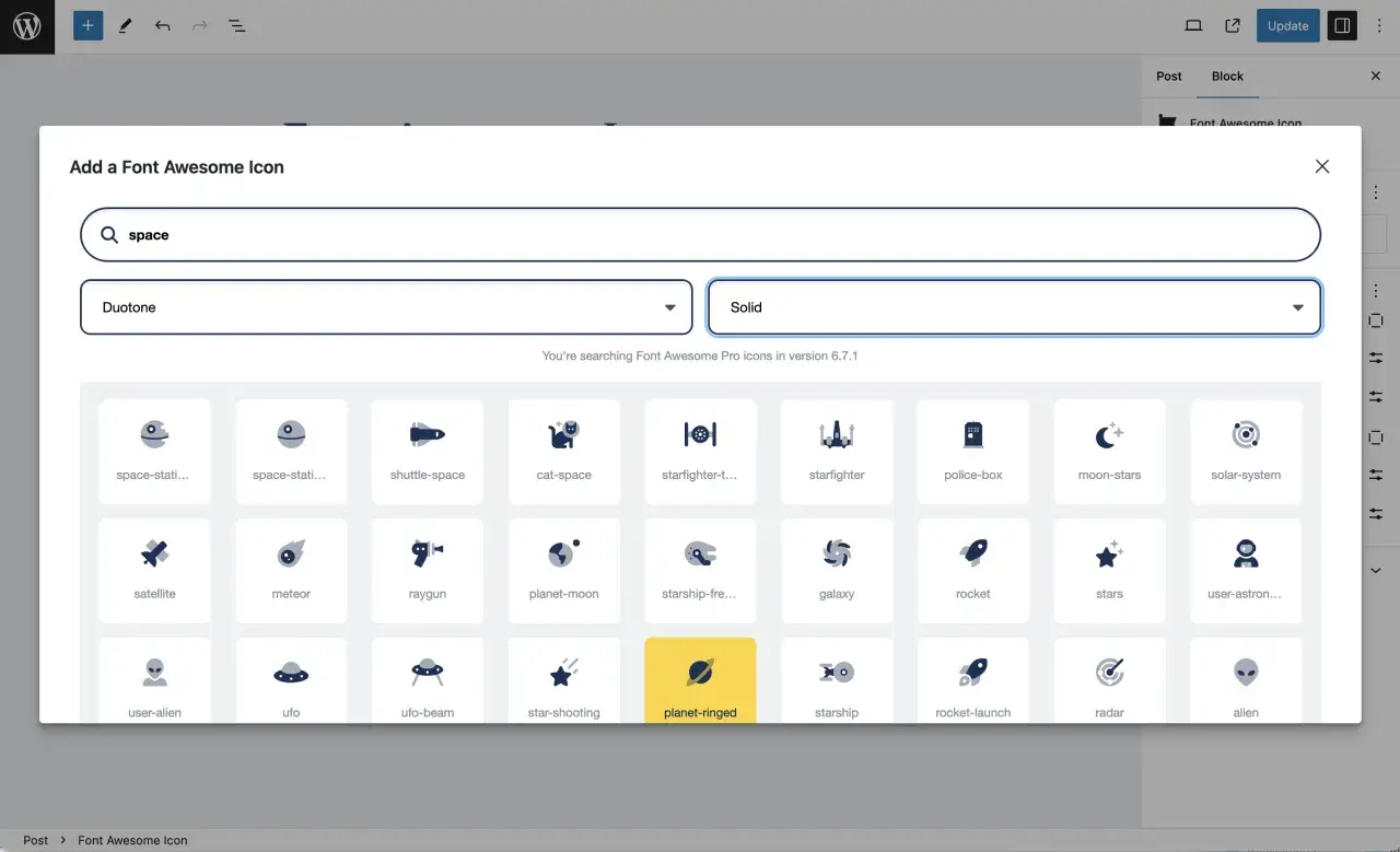 Fenêtre de sélection d'icônes Font Awesome dans WordPress, avec la recherche