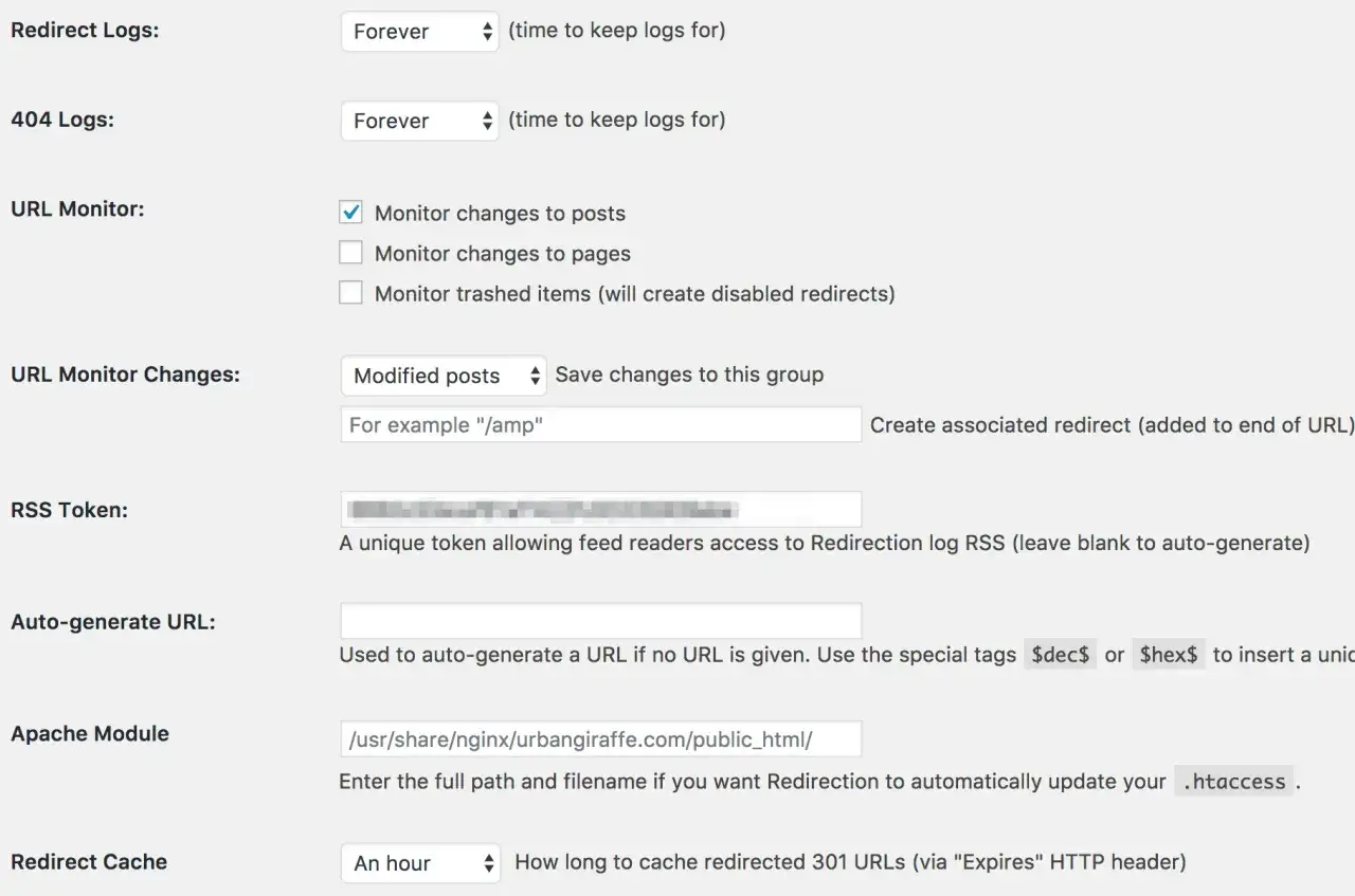 Paramètres du plugin WordPress Redirection : gestion des logs, surveillance des URL et cache.