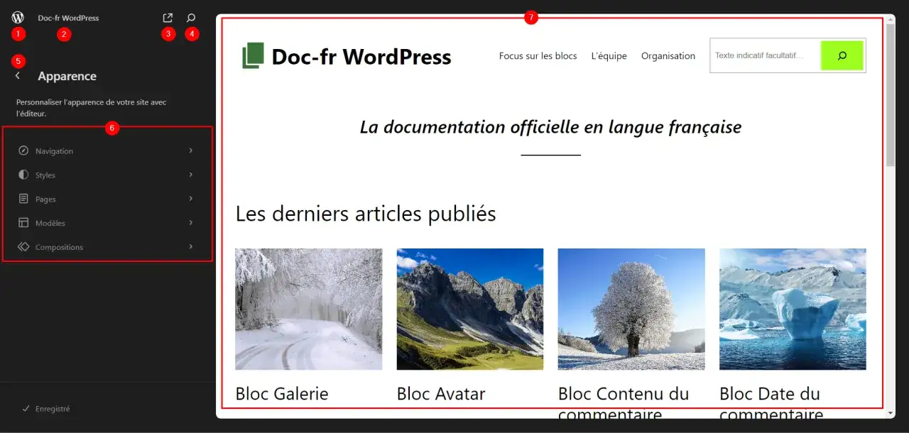 Interface d'administration WordPress avec une barre de recherche en haut à droite. Le menu latéral gauche propose des options d'apparence.