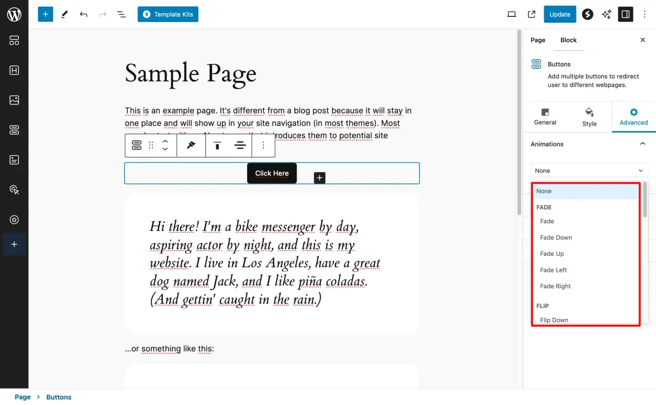Dans l'interface de Spectra pour WordPress, on s&eacute;lectionne une animation pour un bouton.