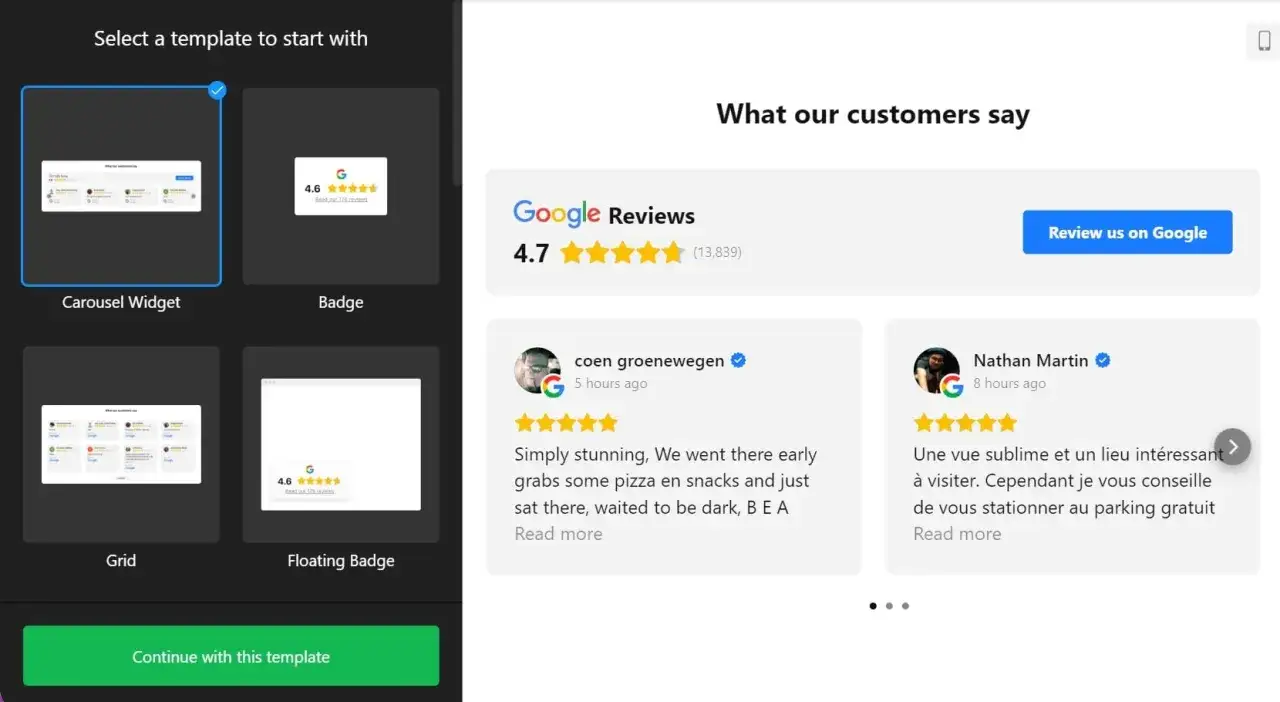 Sélection d'un modèle de widget pour afficher les avis Google, comme un carrousel ou un badge.