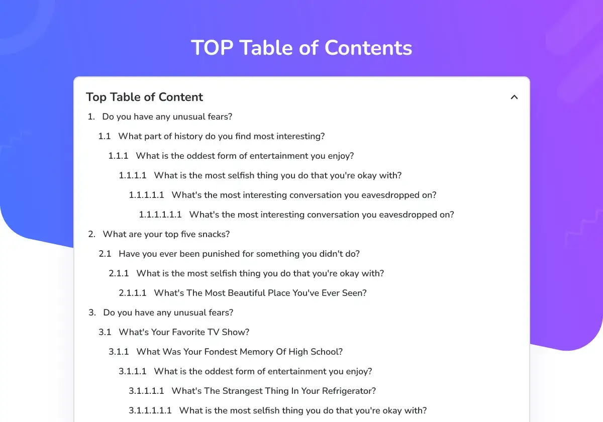 Un easy table of contents avec des questions sur les peurs, les snacks et les souvenirs.