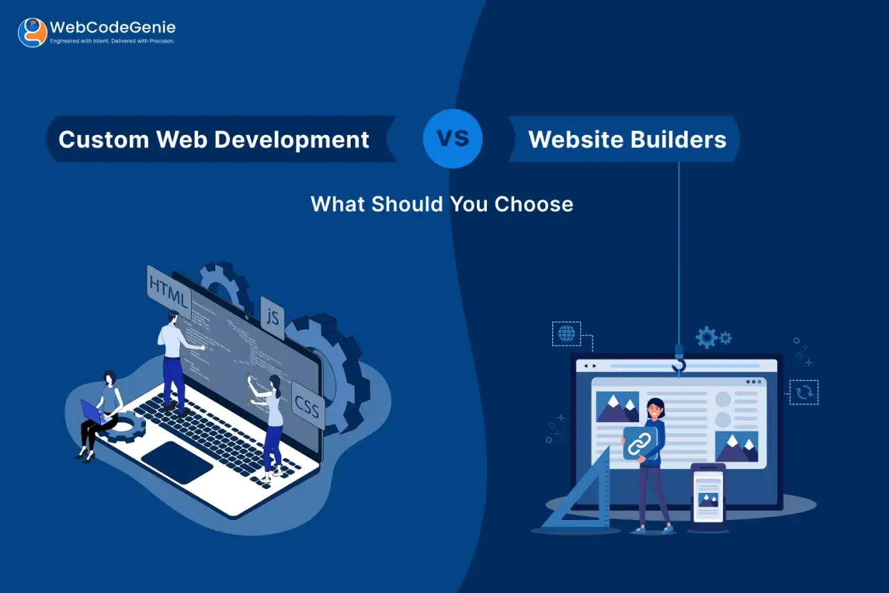 D&eacute;veloppement web personnalis&eacute; vs. constructeurs de sites. Illustration montrant des d&eacute;veloppeurs codant sur un ordinateur portable (HTML, JS, CSS) et une personne utilisant un constructeur de site. Pas de liste des CMS ici.
