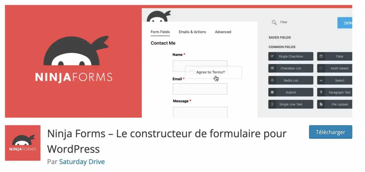 Le logo Ninja Forms et un aperçu de son constructeur de formulaires pour WordPress, montrant la création d'un formulaire de contact.