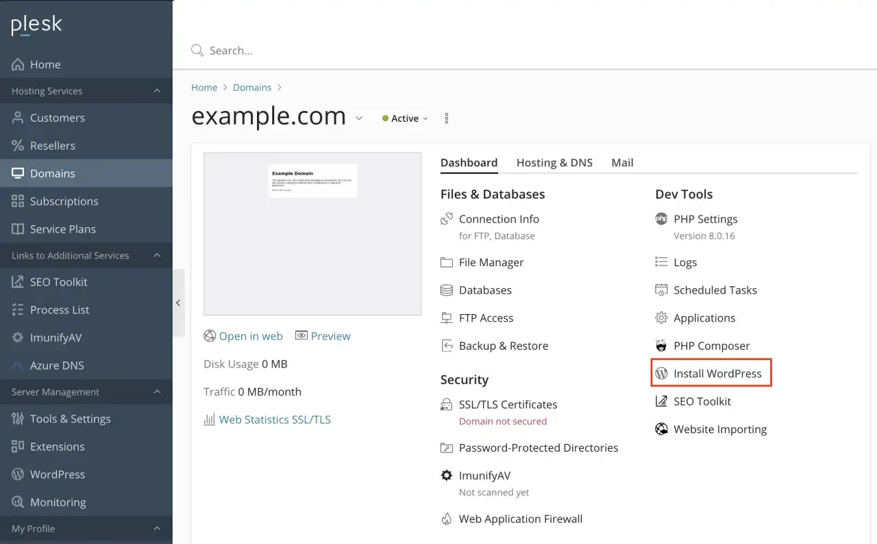 Installer WordPress sur votre site web depuis le tableau de bord Plesk.