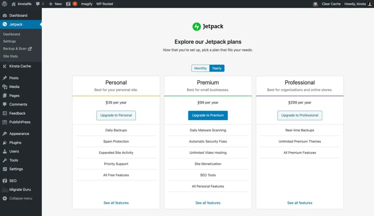 Tableau des plans Jetpack pour WordPress : Personnel, Premium, Professionnel. Jetpack WordPress c'est quoi ? Des options pour tous les besoins.