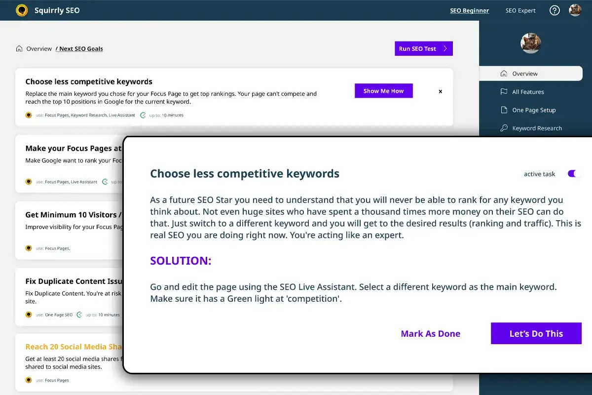 Conseils Squirrly SEO : choisissez des mots-clés moins compétitifs pour un meilleur classement.