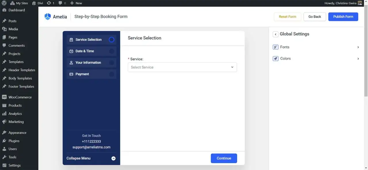 Interface de configuration d'un formulaire de réservation Amelia. Sélection du service, date/heure, informations et paiement.