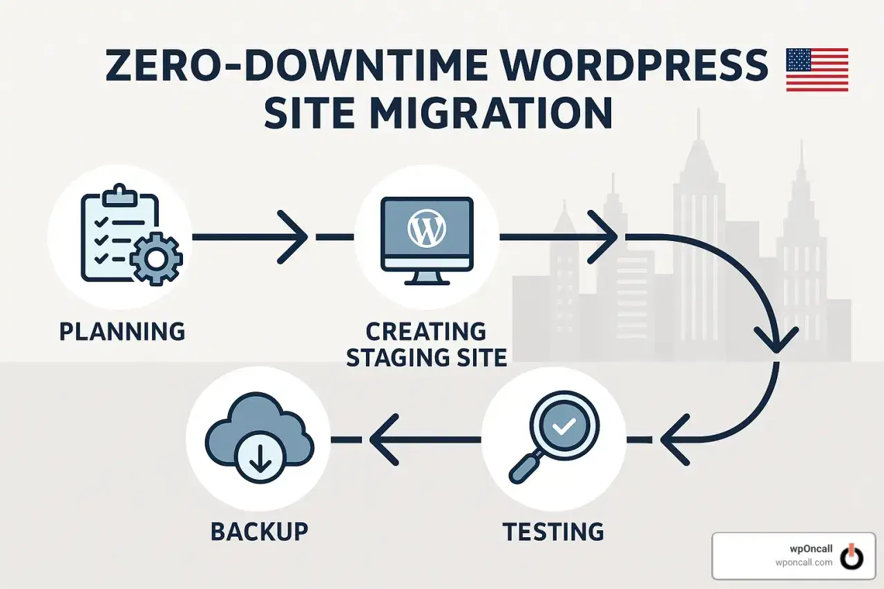 Sch&eacute;ma illustrant les &eacute;tapes d'une migration WordPress sans interruption : planification, cr&eacute;ation d'un site de staging, sauvegarde et tests.
