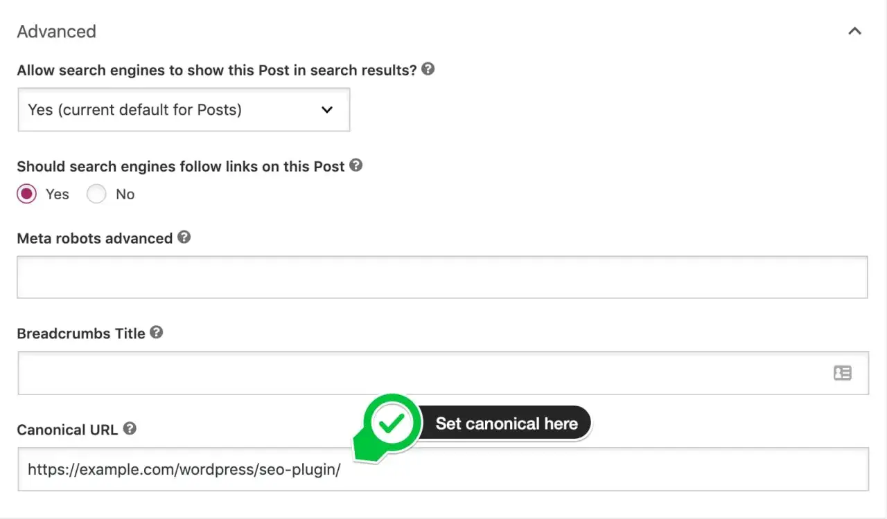 Paramètres avancés WordPress : définition de l'URL canonique pour le référencement.