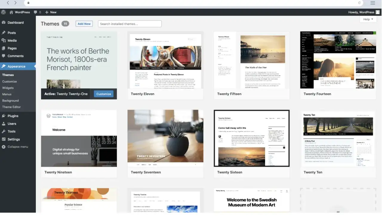 Interface WordPress pour choisir une id&eacute;e de site : th&egrave;mes disponibles, dont 