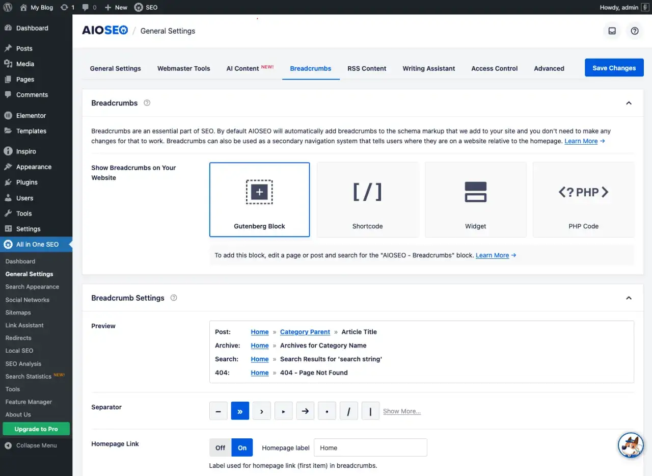 Paramètres des miettes de pain (fil d'ariane) dans WordPress. Permet de configurer l'affichage et le séparateur pour une meilleure navigation.