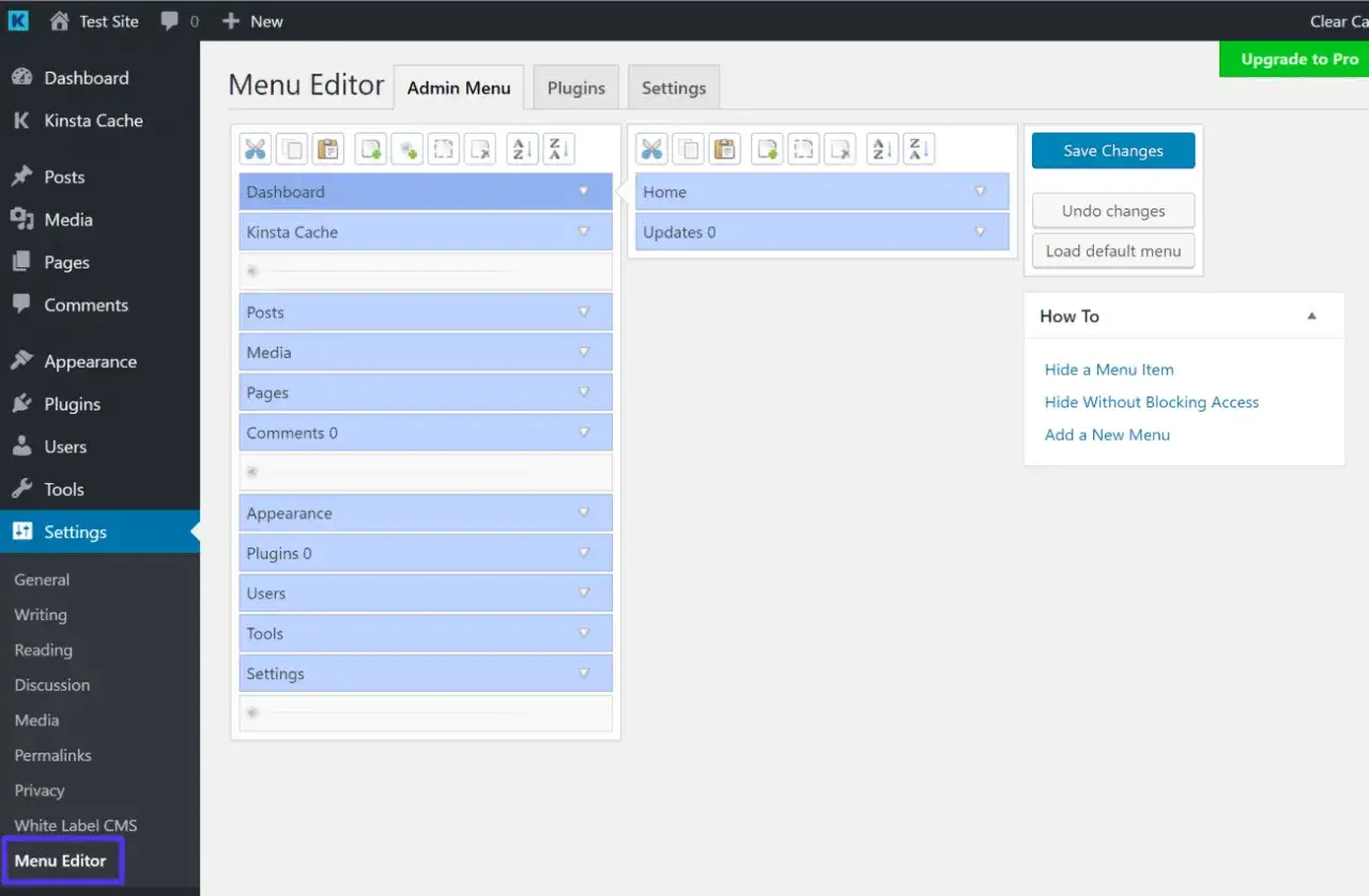 Interface WordPress pour mettre le menu en fran&ccedil;ais. &Eacute;diteur de menu avec options pour personnaliser la navigation.