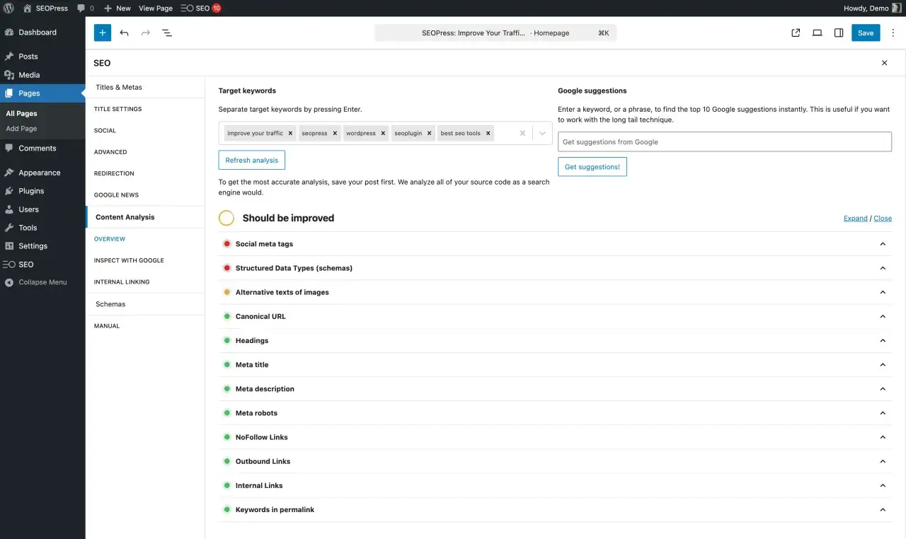 Interface SEO WordPress avec analyse de contenu. Mots-cl&eacute;s cibles : 