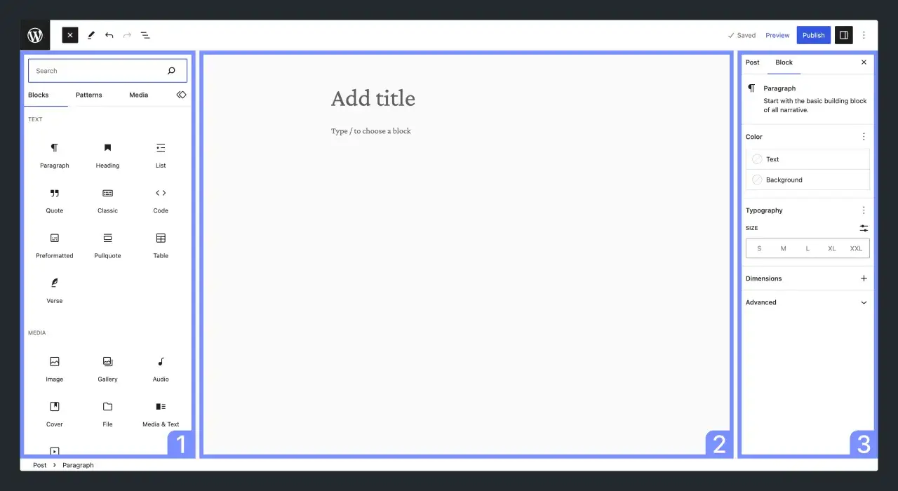 Interface d'édition WordPress FSE. Colonne de gauche pour les blocs, zone centrale pour le contenu, colonne de droite pour les réglages du bloc
