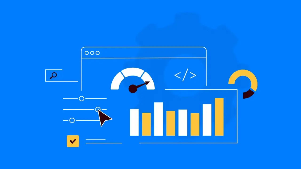 Illustration d'un tableau de bord pour tester rapidité site, avec indicateur de vitesse, graphiques et code.