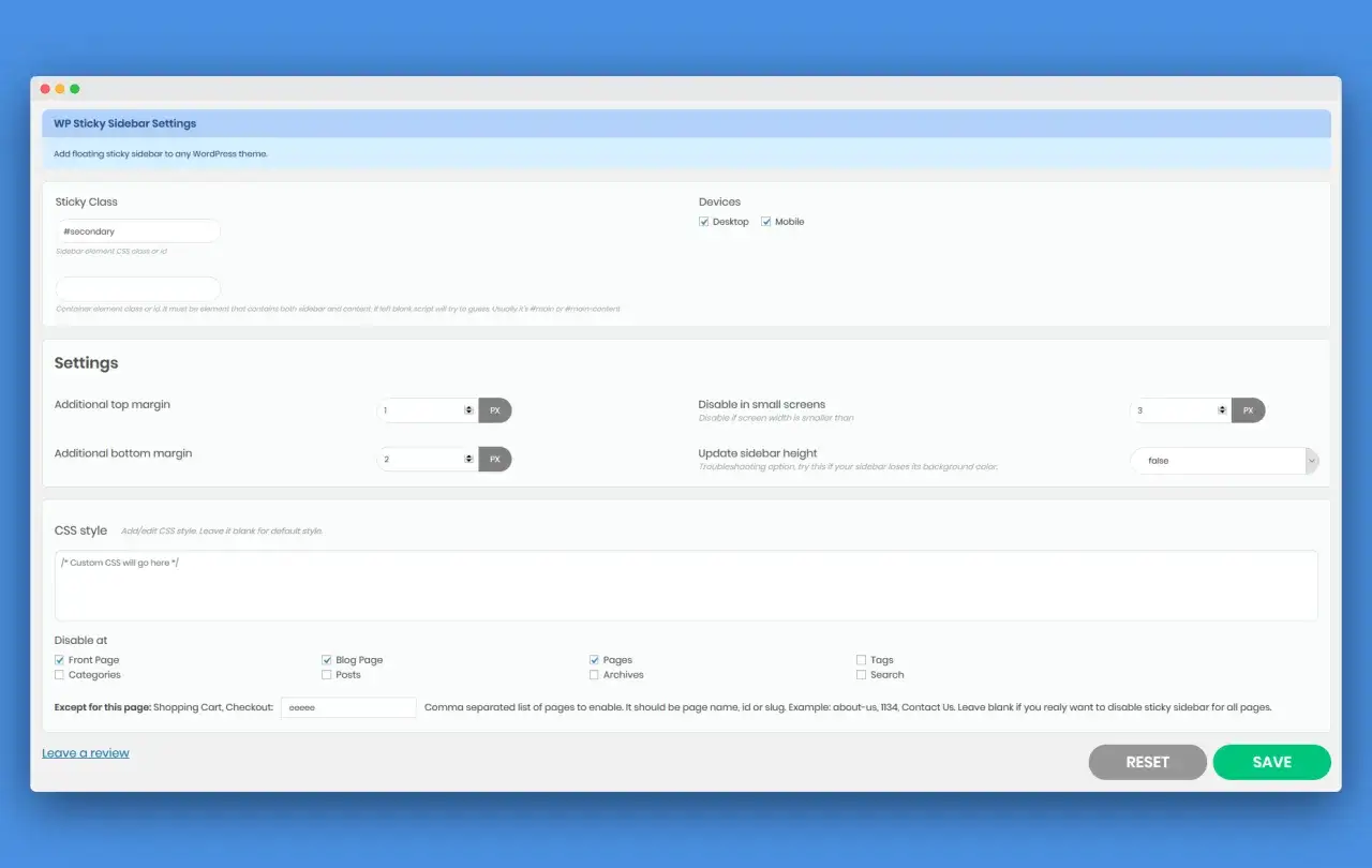 Paramètres de la colonne latérale WordPress. Configurez la classe, les marges, le style CSS et les pages où la colonne latérale doit être active.