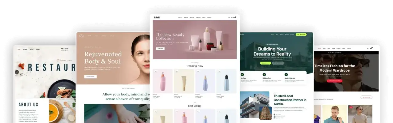 Exemples de sites web créés avec un template Astra WordPress : restaurant, spa, cosmétiques, construction, mode.