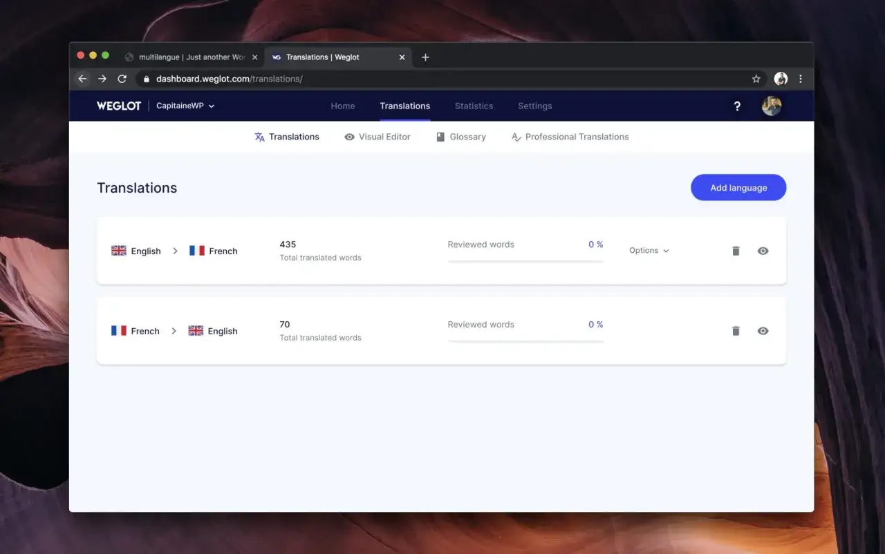 Tableau de bord d'un plugin multilingue WordPress. Affiche les traductions anglais vers français (435 mots) et français vers anglais (70 mots).