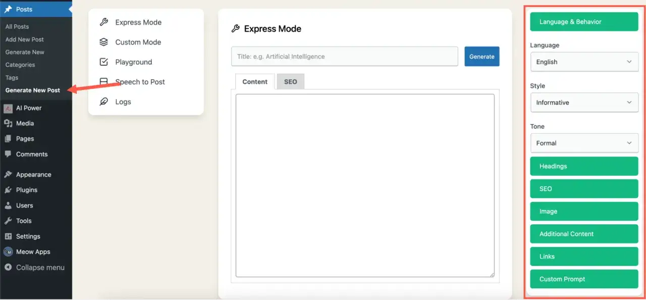 Interface WordPress pour générer du contenu avec ChatGPT. Options de langue, style et ton pour la création d'articles.