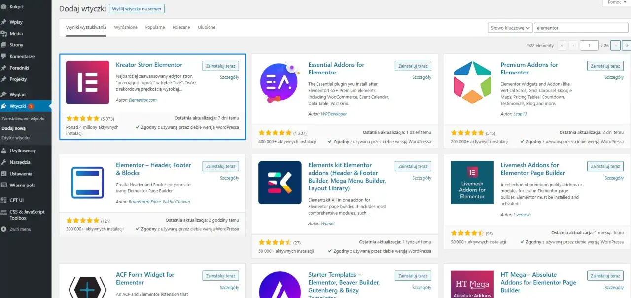Page WordPress avec des extensions Elementor : Kreator Stron, Essential Addons, Premium Addons, Elements kit, Livemesh, et plus.