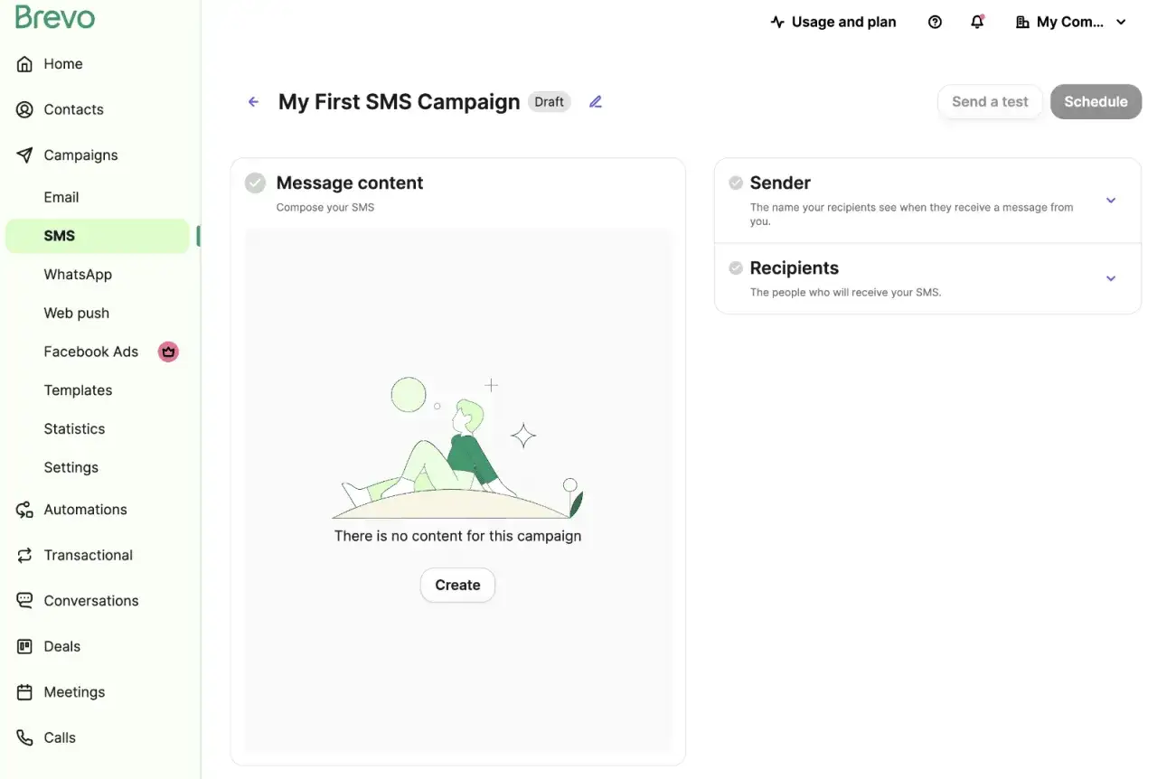 Interface Brevo pour cr&eacute;er une campagne brevo sms. L'utilisateur est sur la page 