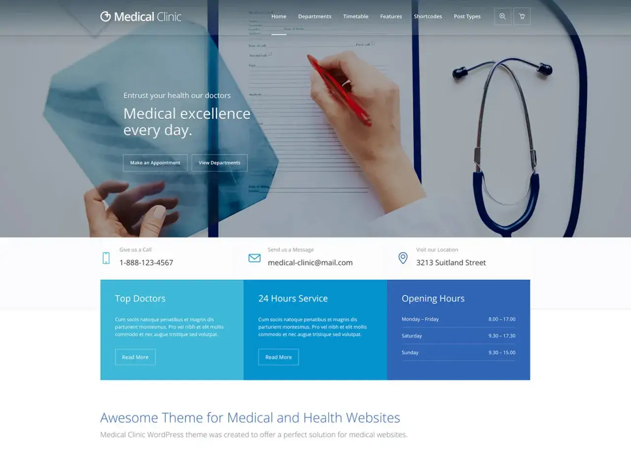 Site web sant&eacute; moderne avec st&eacute;thoscope et radiographie. Id&eacute;al pour la cr&eacute;ation site web sant&eacute;.