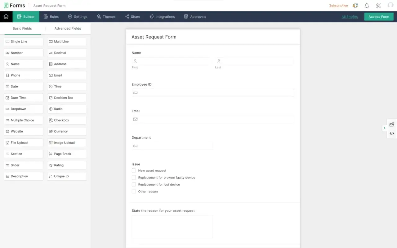 Création d'un formulaire de demande d'actif, une alternative à Google Forms. Champs pour nom, ID employé, email, département, motif et raison.