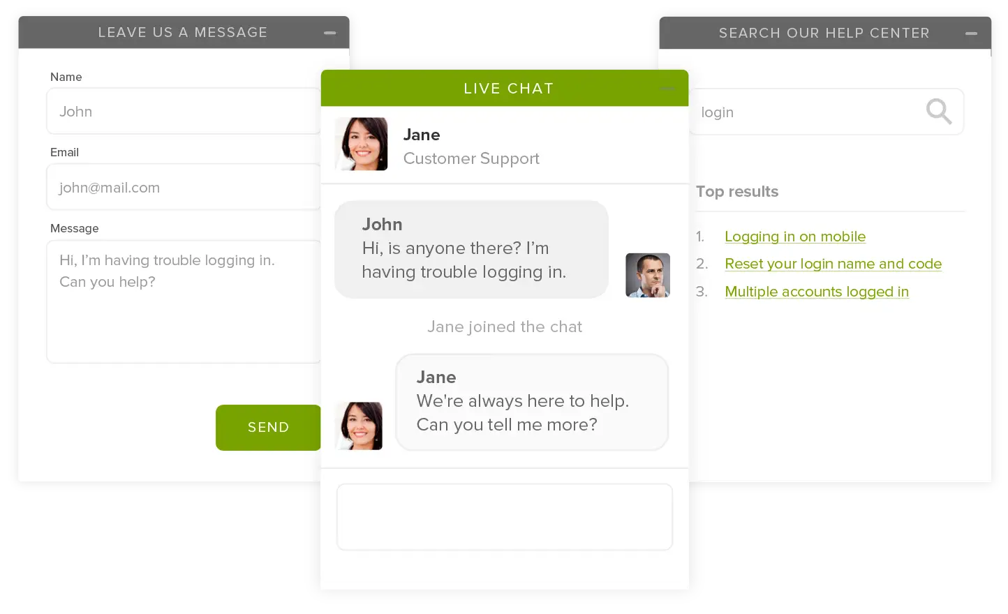 Interface de logiciel de chat gratuit où John demande de l'aide pour se connecter et Jane, du support client, répond.