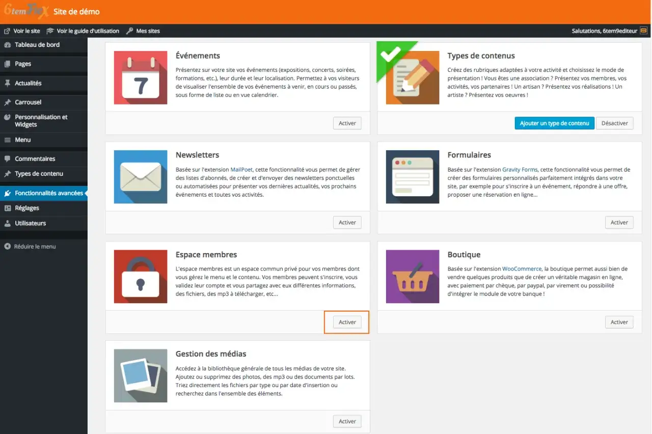 Interface WordPress : gestion des fonctionnalités avancées, y compris l'espace membres pour un contenu privé.