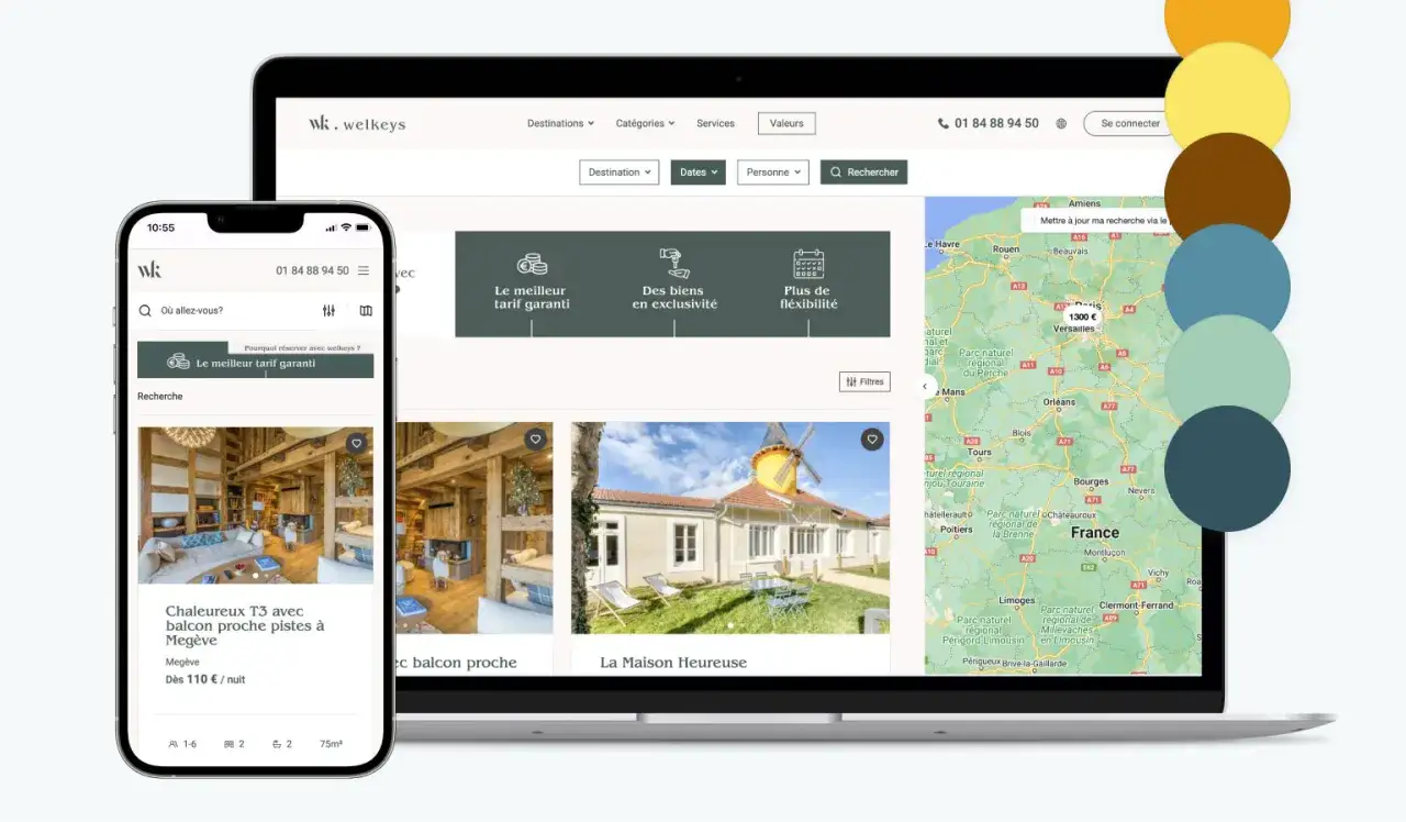 Exemple de site internet location saisonnière : interface de recherche d'hébergements avec carte de France et annonces.