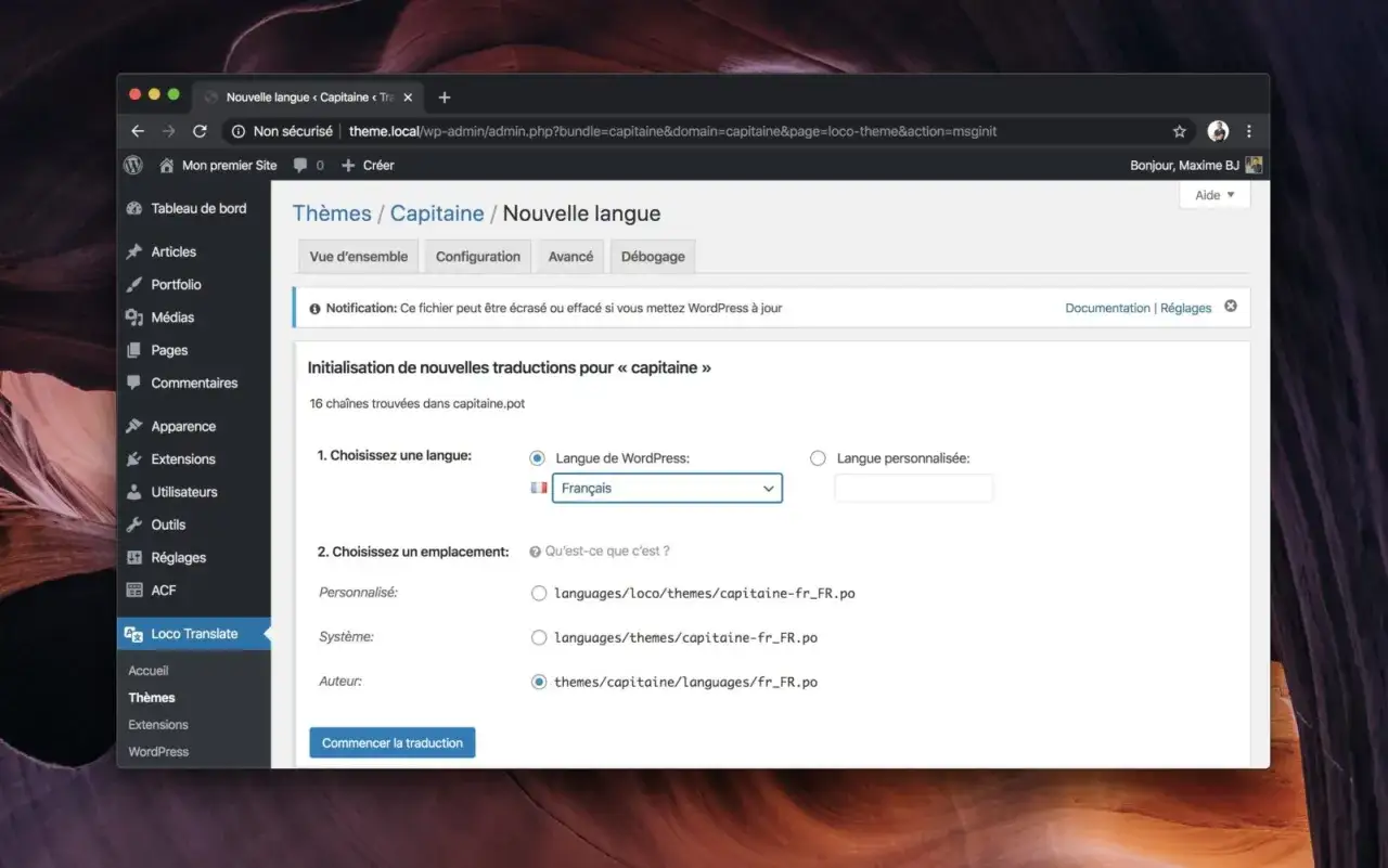 Interface WordPress pour la traduction de thème, sélection du français pour une traduction personnalisée.