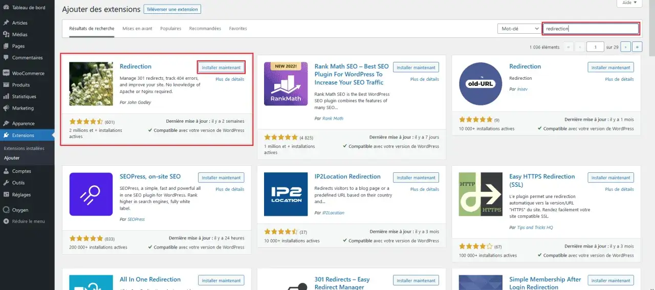 Recherche d'extensions WordPress pour la redirection. Le plugin 
