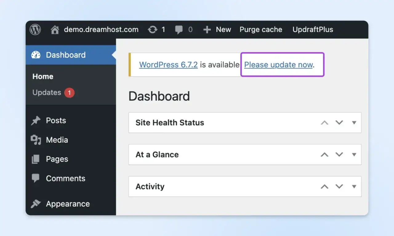 Tableau de bord WordPress : une mise &agrave; jour est disponible. Le changelog de WordPress 6.7.2 est affich&eacute;, invitant &agrave; la mise &agrave; jour.