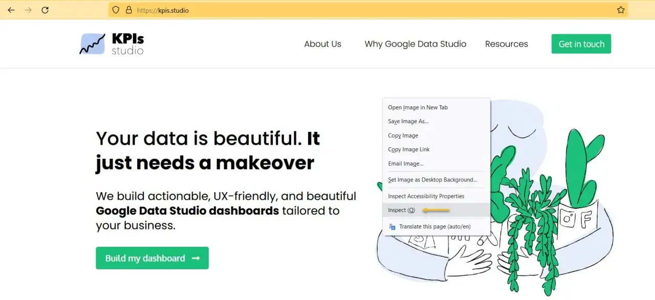 Menu contextuel pour inspecter le code source d'un site web et savoir si un site est WordPress.
