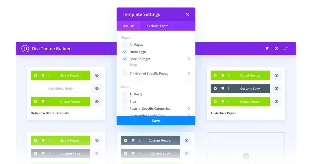 Interface du th&egrave;me Divi pour WordPress, configurant les mod&egrave;les pour des pages sp&eacute;cifiques.