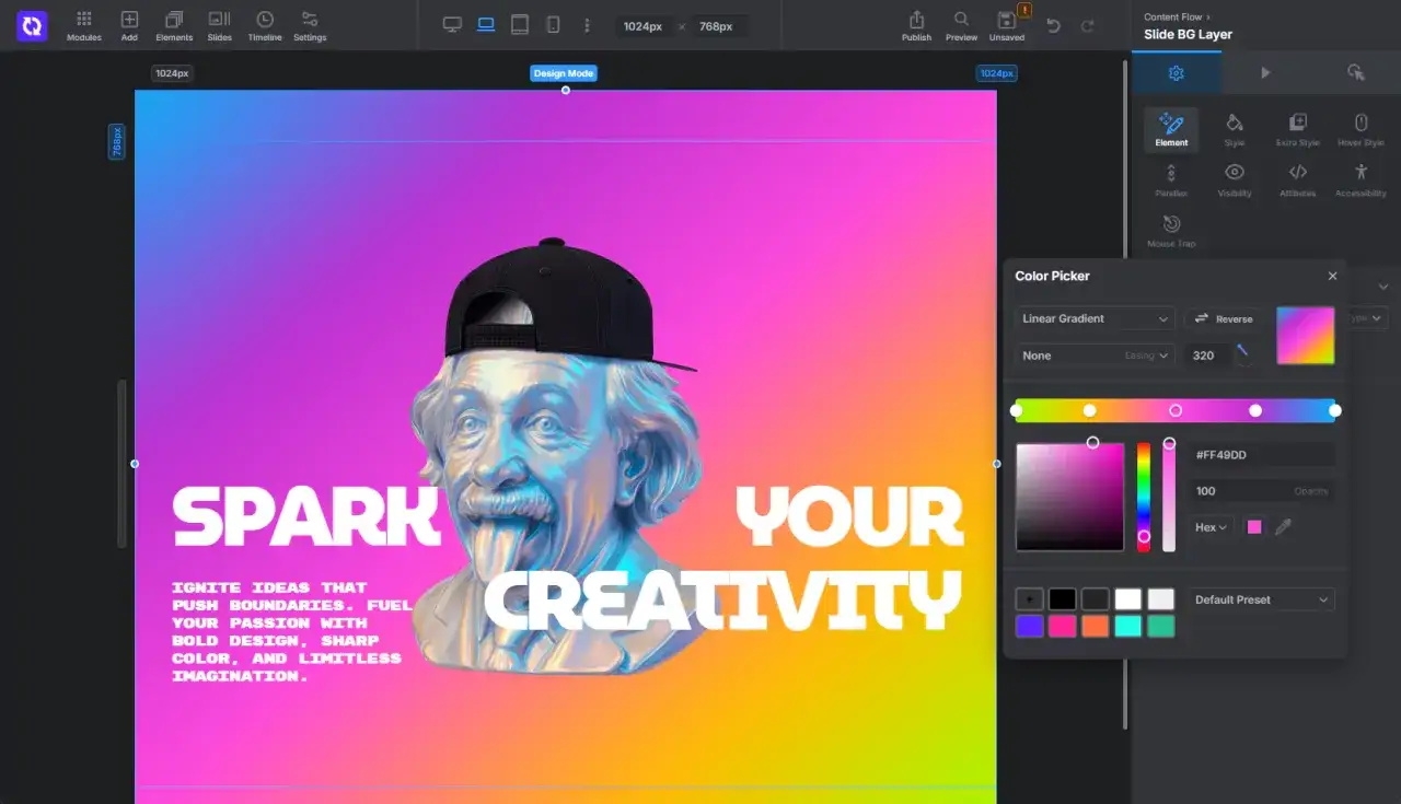 Interface de création de slider WordPress. Un buste d'Einstein avec une casquette, sur un fond dégradé, invite à