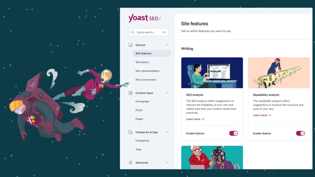 Astronaute en combinaison rose naviguant dans l'espace, logo Yoast SEO sur sa poitrine. Interface de configuration des fonctionnalités du site.
