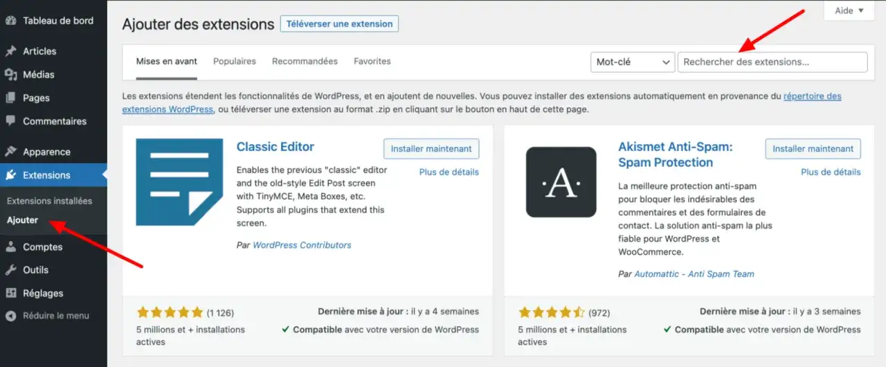 Interface WordPress pour ajouter des extensions. Recherche de plugins, dont Classic Editor et Akismet. Les meilleurs plugins WordPress pour améliorer votre site.