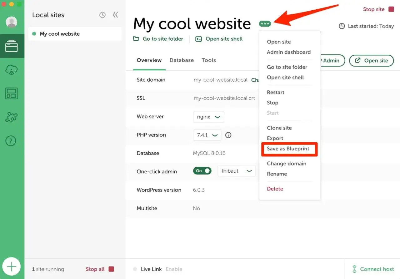 Interface de gestion de sites WordPress locaux. Le menu contextuel affiche l'option