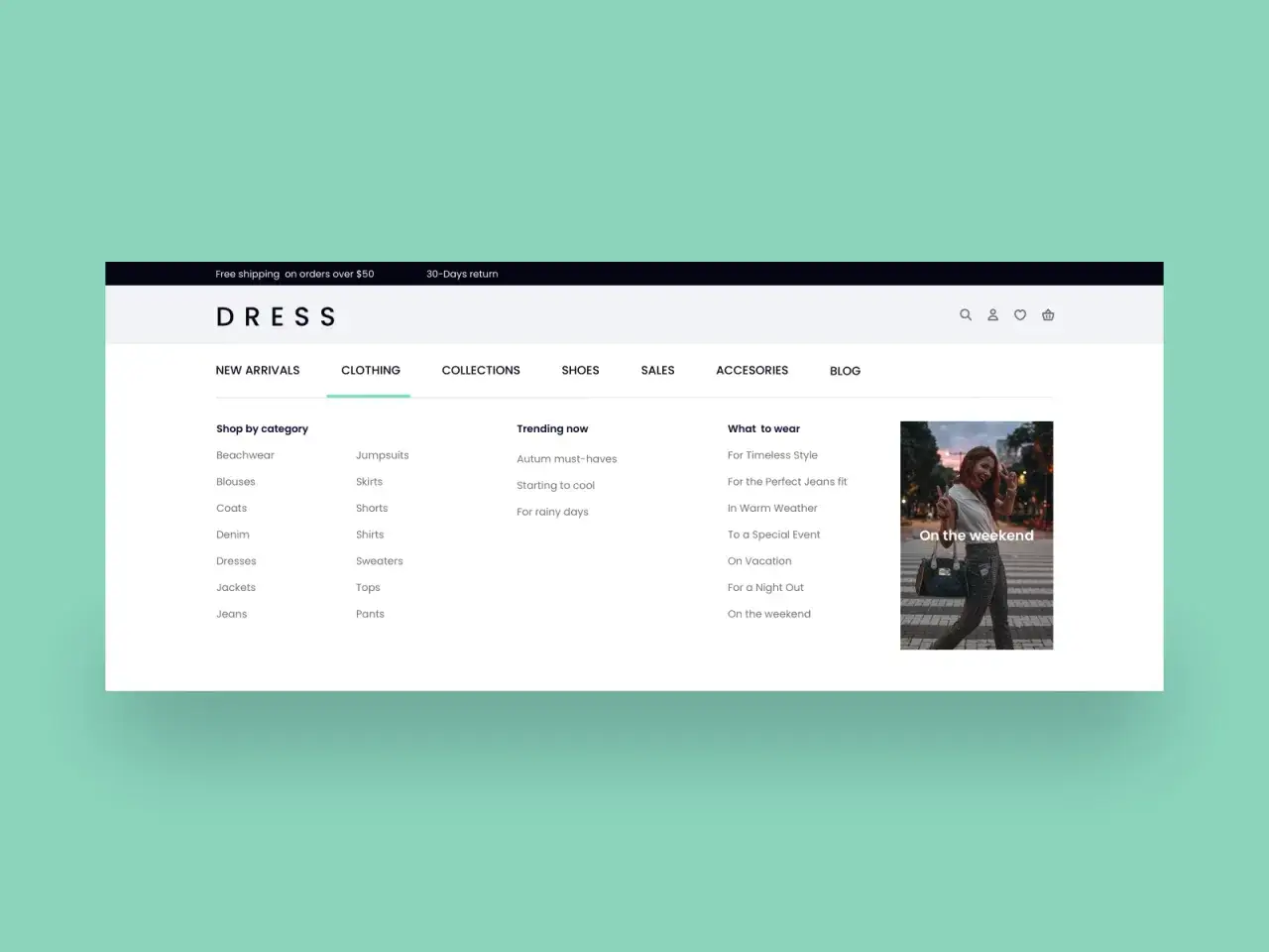 Le site DRESS propose des vêtements, des chaussures et des accessoires. Le menu inclut