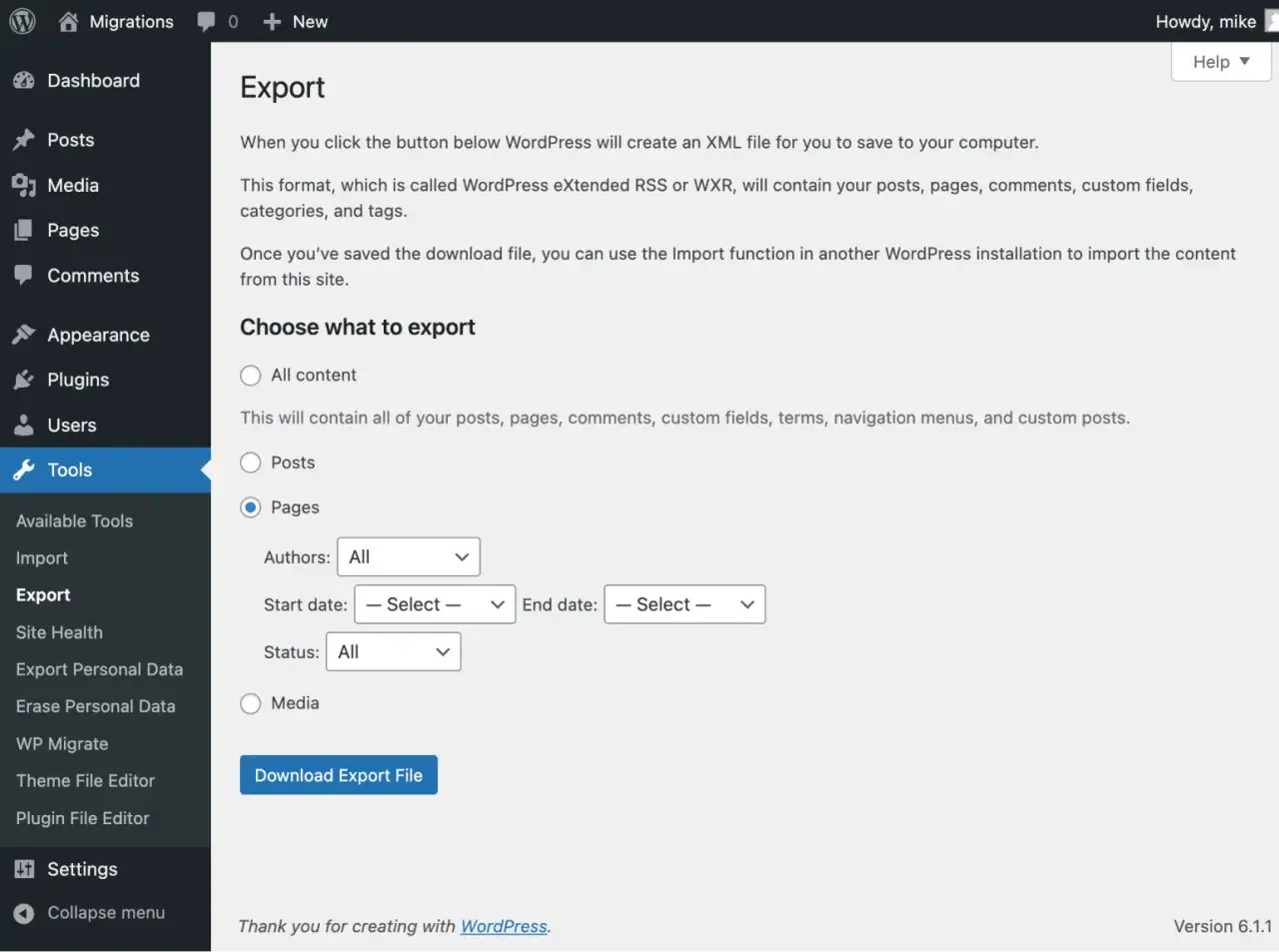 Interface d'exportation WordPress pour une migration