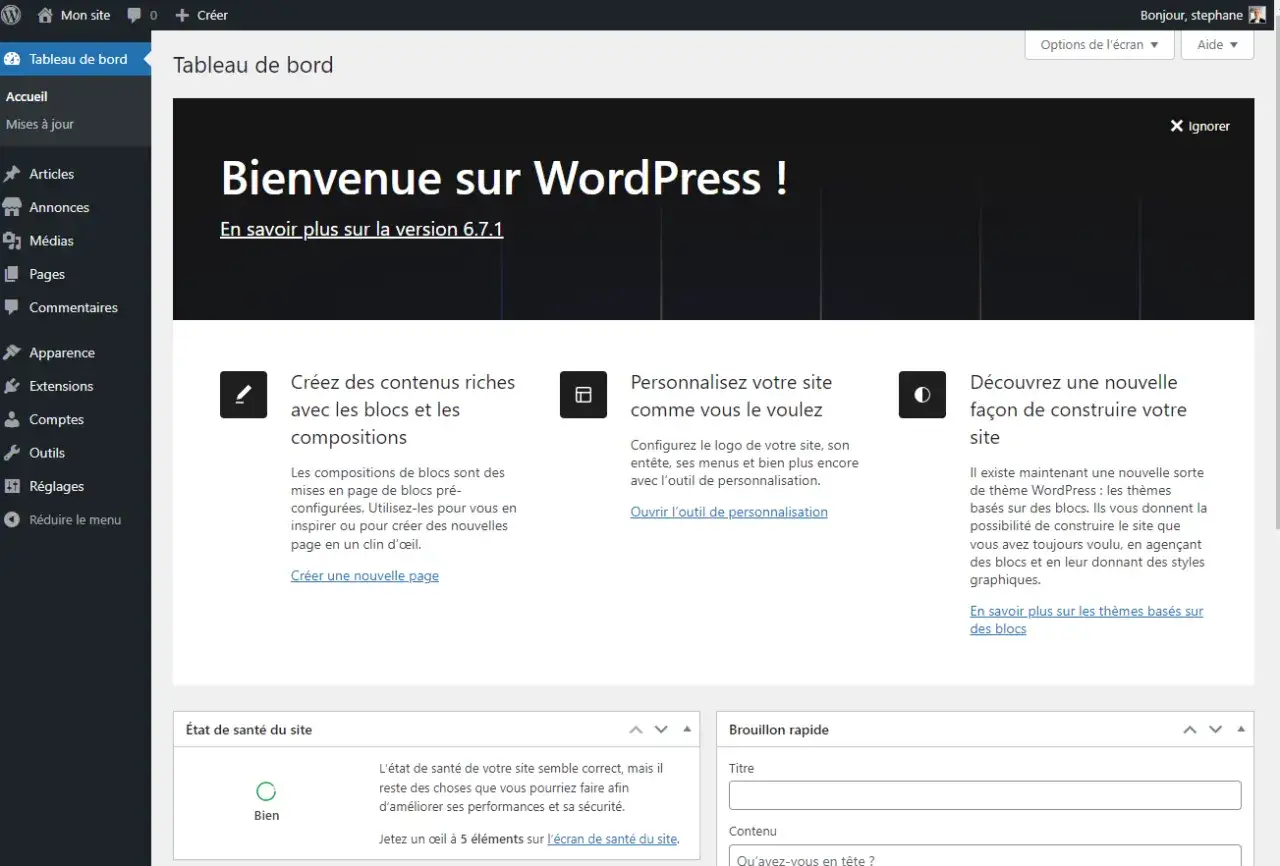 Tableau de bord WordPress pour débuter. Créez du contenu, personnalisez votre site et découvrez les thèmes basés sur des blocs.