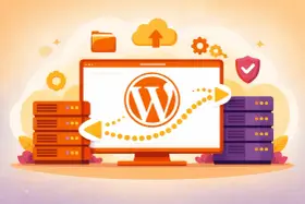 Illustration d'une migration WordPress : un écran affiche le logo WordPress, avec des serveurs et une flèche de transfert de données.