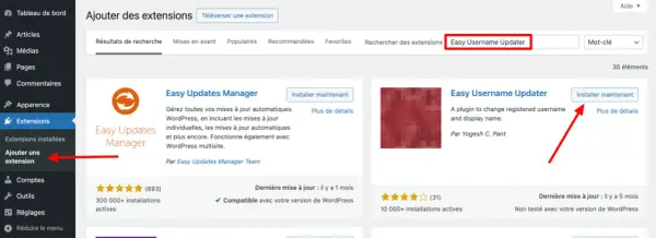 Interface WordPress pour changer identifiant. Recherche du plugin "Easy Username Updater" pour modifier nom d'utilisateur.