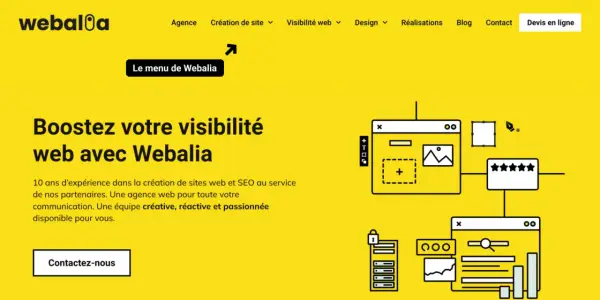 Le menu déroulant WordPress de Webalia, une agence web, propose des services pour booster votre visibilité en ligne.