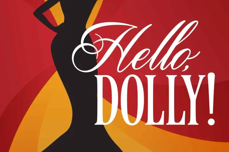 Silhouette d'une femme élégante sur fond rouge et jaune, avec le texte "Hello Dolly!" en blanc. Idéal pour un site WordPress.