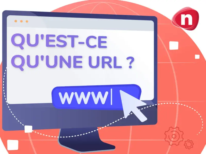 Un écran d'ordinateur affiche "QU'EST-CE QU'UNE URL ?". Une souris pointe vers le champ "www|", invitant à découvrir c'est quoi l'url d'un site.