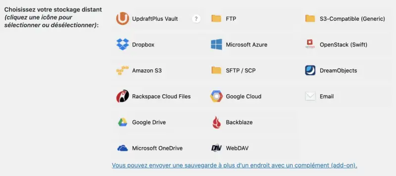 Icônes de stockage pour sauvegarde/restauration : UpdraftPlus Vault, Dropbox, Amazon S3, FTP, Microsoft Azure, SFTP/SCP, S3-Compatible, OpenStack, DreamObjects, Rackspace, Google Cloud, Email, Google Drive, Backblaze, OneDrive, WebDAV.